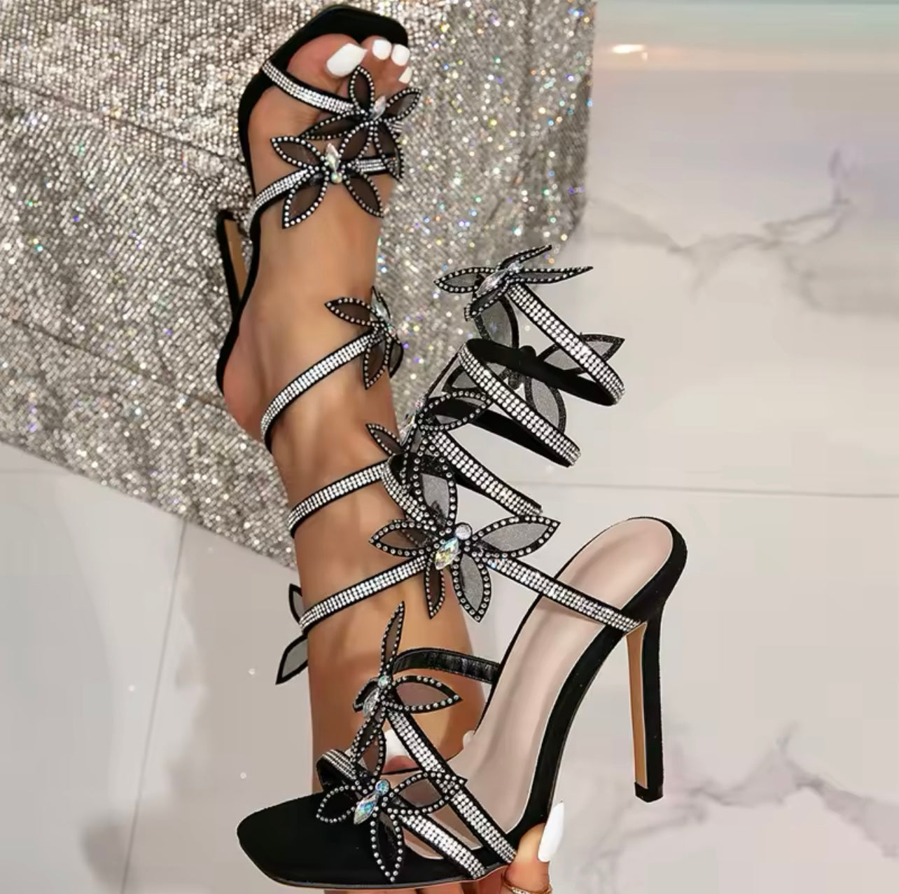 Butterfly rhinestone strap heels