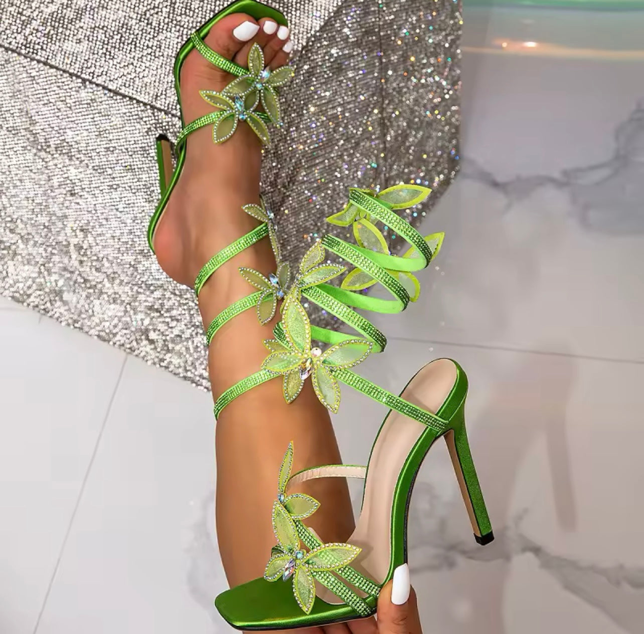 Butterfly rhinestone strap heels
