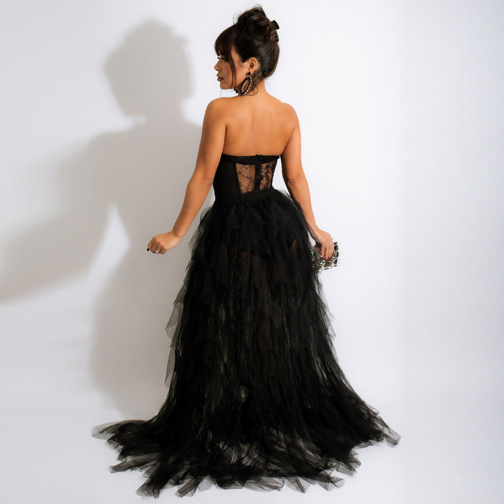 Feathered Slit Leg Off Shoulder Dress