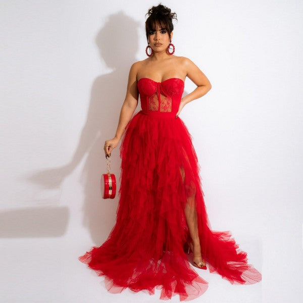 Feathered Slit Leg Off Shoulder Dress