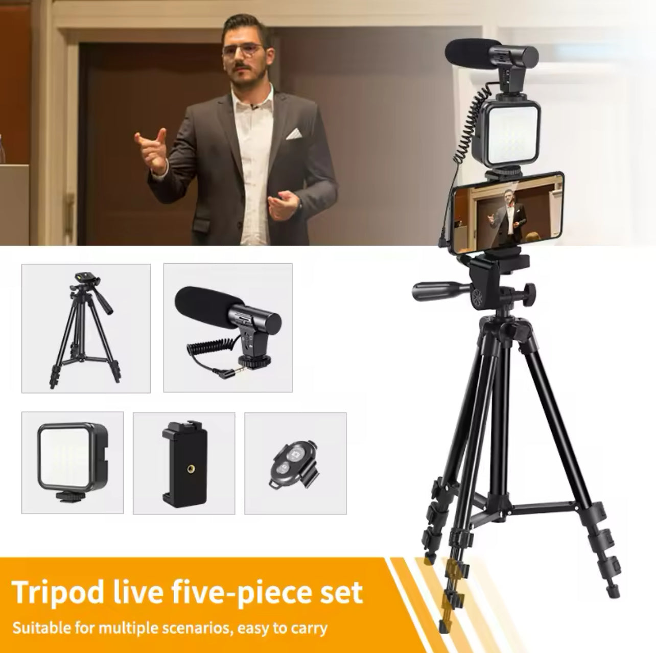 Studio kit tripod for video shooting and photo shoot with mic and lighting