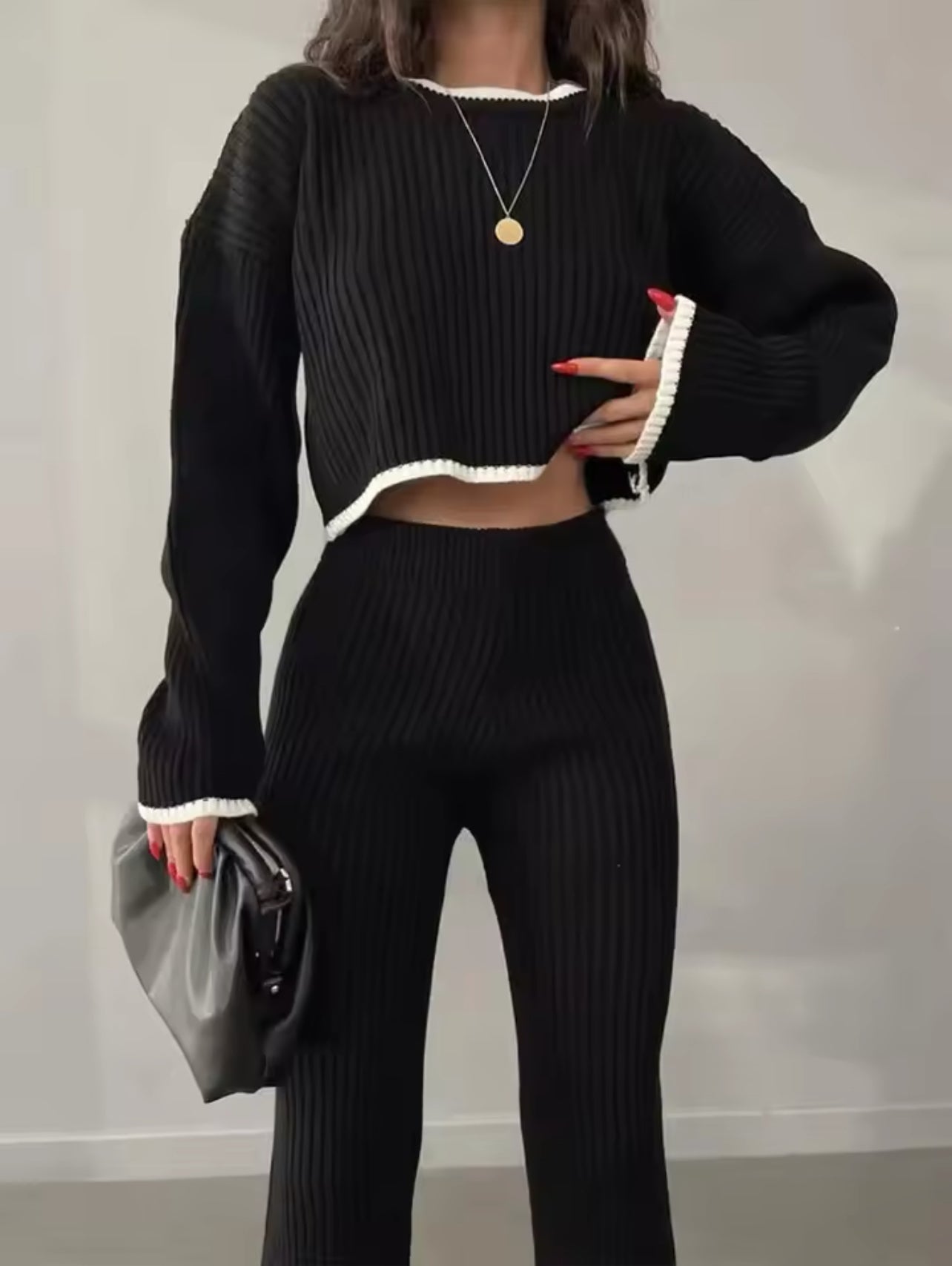 Women Patchwork Long Sleeve Sweater and High Waist Pants 2 Piece Sets Casual Women Outfit Office Suit Autumn Winter