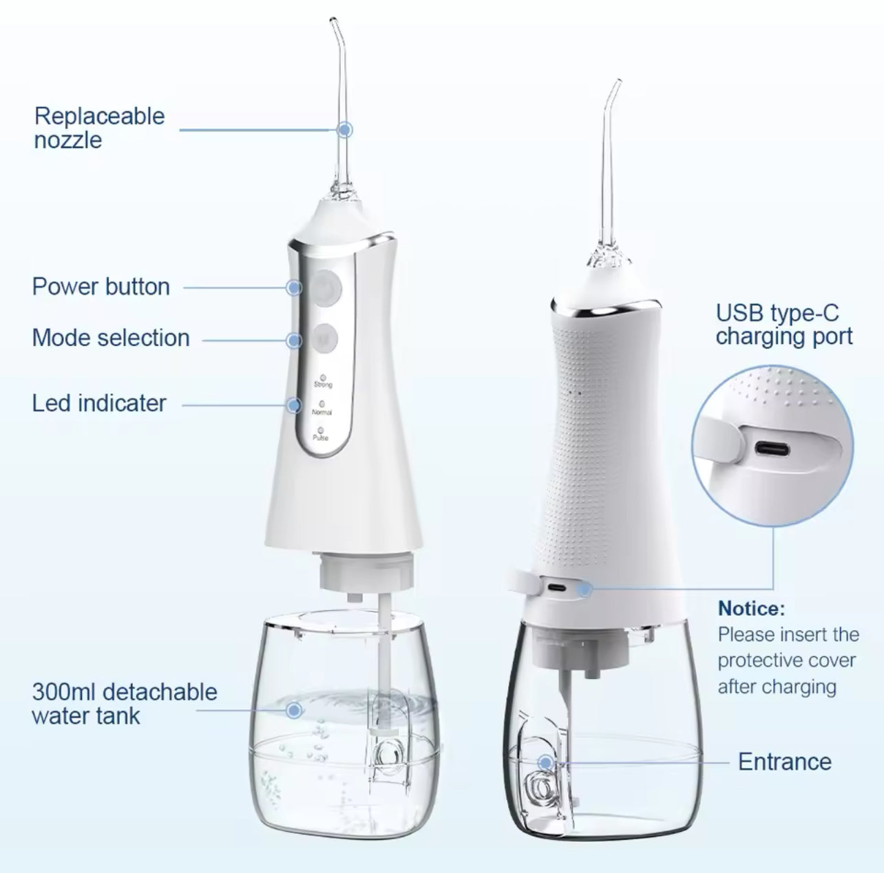 Dental Oral Irrigator Water Flosser Thread Teeth Pick Mouth Washing Machine 5 Nozzels 3 Modes USB Rechargeable 300ml Tank