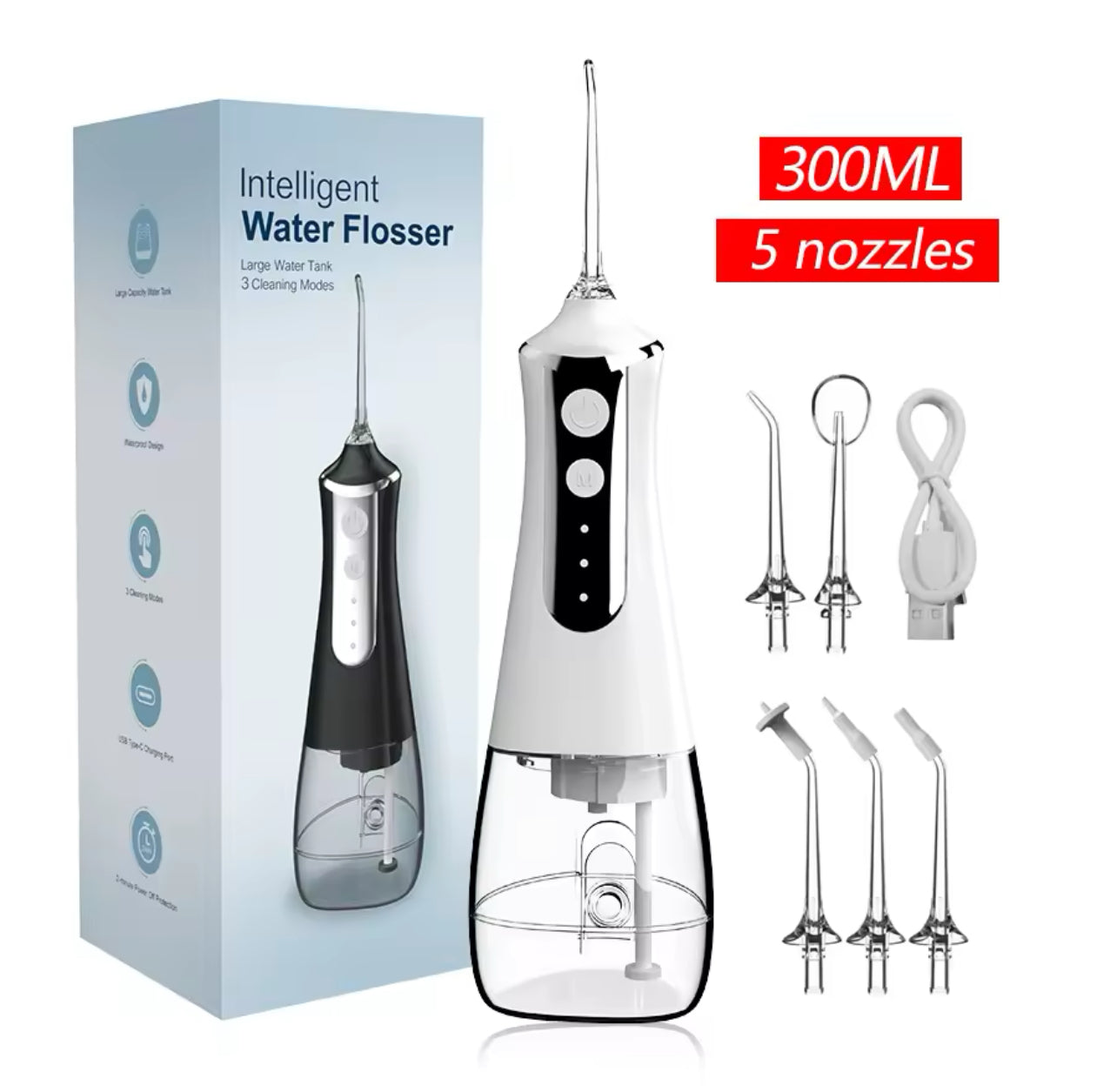 Dental Oral Irrigator Water Flosser Thread Teeth Pick Mouth Washing Machine 5 Nozzels 3 Modes USB Rechargeable 300ml Tank