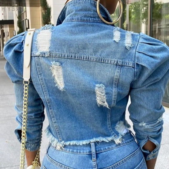 Puff Sleeve ripped Jeans Jacket