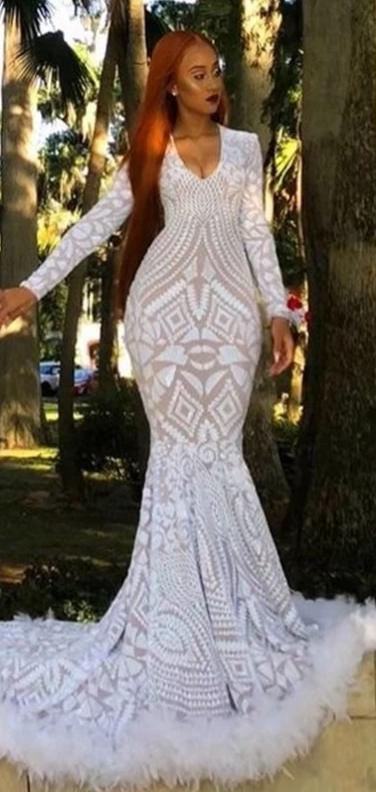 Customized Long Sleeve Sequin African Feather Prom Dress
