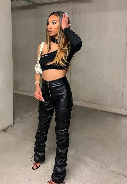 Stacked Ruched Leather Pants