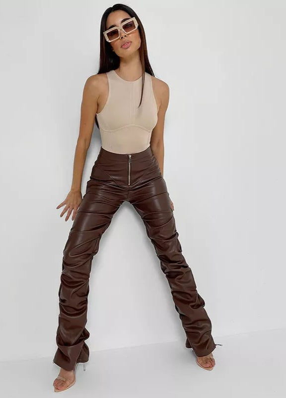 Stacked Ruched Leather Pants