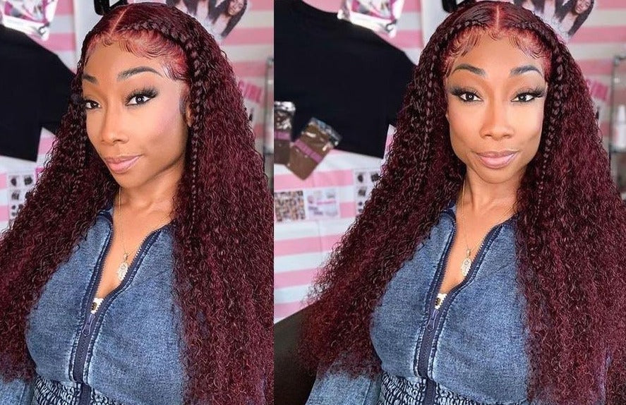 Curly burgundy human hair lace frontal wig